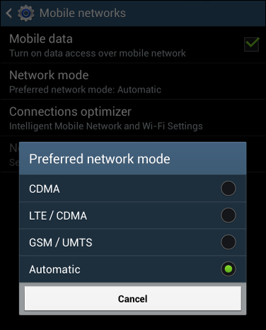 Preferred mobile network mode Automatic